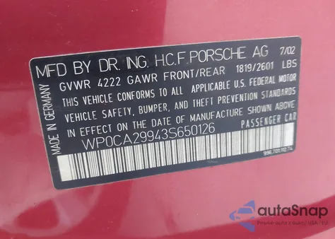 2003 Porsche 911 Carrera/Carrera 4 from USA, damaged, VIN WP0CA29943S650126